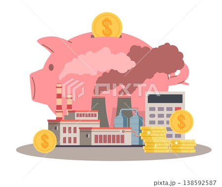 Calculation of financial losses of enterprise. Environmental damage, harmful emissions, piggy bank with factory, industrial economy, business cost management vector cartoon isolated concept Calculation of financial losses of enterprise. Environmental damage, harmful emissions, piggy bank with factory, industrial economy, business cost management vector cartoon isolated concept 138592587