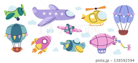 Childish style air transport. Kids flying toys, colorful airplanes, cute helicopters, balloons, space rockets, cartoon vehicles, travel tourism symbol, nursery decorative garish vector set 138592594