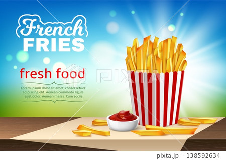 French fries. Cardboard package with deep fried potato bars and ketchup, fast food web banner design, product presentation menu, realistic isolated elements, advertising template, vector concept French fries. Cardboard package with deep fried potato bars and ketchup, fast food web banner design, product presentation menu, realistic isolated elements, advertising template, vector concept 138592634