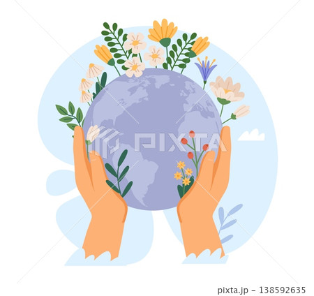 Human hands holding Earth. World environment day, save planet, harmony protection and love, sustainability and nature conservation with flowers and plants, vector cartoon isolated concept 138592635