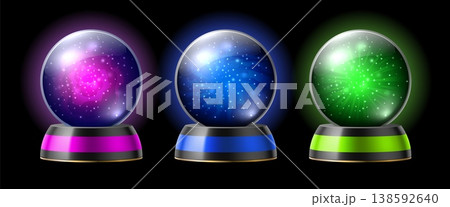 Magic balls. Crystal souvenirs on stands with sparkles and luminous substance, fantasy fortune telling objects for witch or wizard, occult ritual glass spheres with glowing aura vector 3d set 138592640
