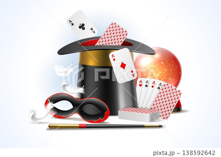 Magical composition. Realistic magician tools, illusionist inventory, wizard entertainment show with props for tricks, mystery performance, 3d hat, cards and wand vector realistic concept Magical composition. Realistic magician tools, illusionist inventory, wizard entertainment show with props for tricks, mystery performance, 3d hat, cards and wand vector realistic concept 138592642