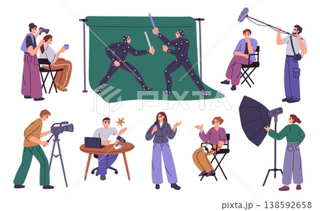 Movie production. Crew filming team on set, video operators, professional creation videographers, actors and director, people create films and shows, garish vector cartoon isolated set Movie production. Crew filming team on set, video operators, professional creation videographers, actors and director, people create films and shows, garish vector cartoon isolated set 138592658