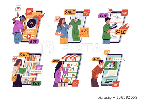 Online shopping with smartphone. People choose products, devices using, remote payment, different goods categories, sale and discount e-commerce concept nowaday vector cartoon isolated set 138592659