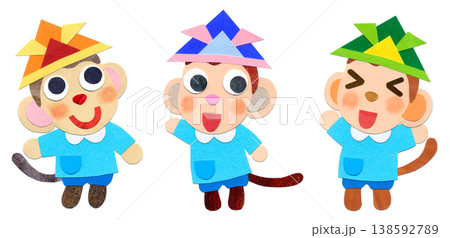 子どもの日 かぶとを被ったスモック姿の子ザル3匹 貼り絵キャラクターイラスト 子どもの日 かぶとを被ったスモック姿の子ザル3匹 貼り絵キャラクターイラスト 138592789