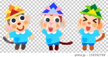 子どもの日 かぶとを被ったスモック姿の子ザル3匹 貼り絵キャラクターイラスト 子どもの日 かぶとを被ったスモック姿の子ザル3匹 貼り絵キャラクターイラスト 138592789