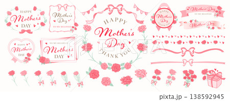 母の日のリボンとカーネーションのナチュラルおしゃれな手書きフレーム_花束、プレゼントのイラスト等 138592945