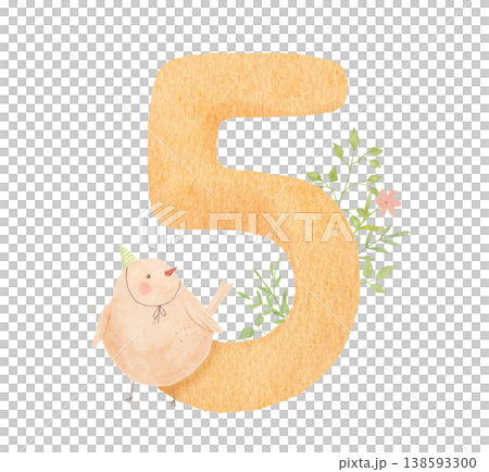 Cute bird with number 5 and flowers, watercolour funny illustration for birthday celebration and greeting design 138593300