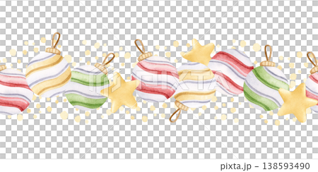 Watercolor Christmas baubles seamless border on white. Hand drawn striped tree toys in pastel yellow, red and green colors. New Year hanging balls horizontal repeat background for festive designs 138593490