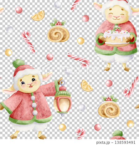 Hand drawn cartoon lambs with Christmas desserts watercolor seamless pattern. Cute sheep animal characters in winter clothes with sweet cake, lantern and candy canes. Happy New Year repeat background 138593491