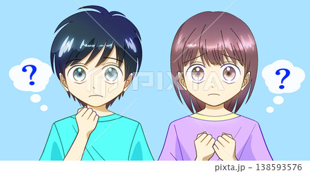 わからない、困っている、疑問に思っている男の子と女の子のアニメ風イラスト 138593576