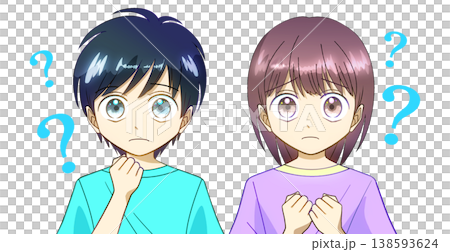 An anime-style illustration of a boy and a girl who are confused, troubled, and have questions, against a white background. An anime-style illustration of a boy and a girl who are confused, troubled, and have questions, against a white background. 138593624