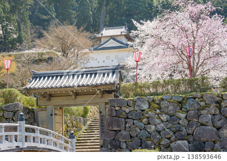 兵庫県豊岡市・桜が満開の出石城跡の登城橋と登城門 138593646