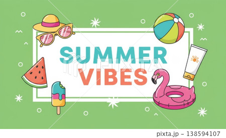Summer Vibes Banner Template with Beach Elements Summer Vibes Banner Template with Beach Elements 138594107