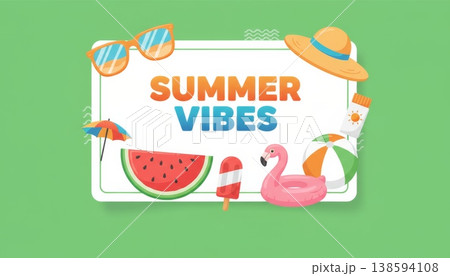 Summer Vibes Banner Template with Beach Elements Summer Vibes Banner Template with Beach Elements 138594108