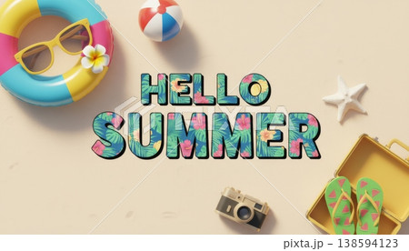 Top View Summer Beach Flat Lay Scene Top View Summer Beach Flat Lay Scene 138594123