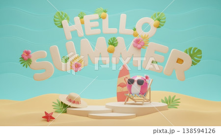 Hello Summer 3D Beach Scene Banner Hello Summer 3D Beach Scene Banner 138594126