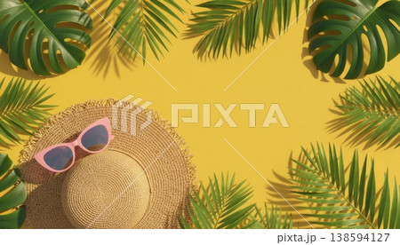 Summer Flat Lay with Tropical Leaves Summer Flat Lay with Tropical Leaves 138594127