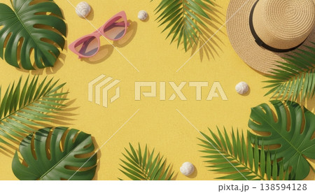 Summer Flat Lay with Tropical Leaves 138594128