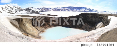 Panoramic view of a volcanic crater lake surrounded by rugged cliffs and snow-covered mountains, 138594164