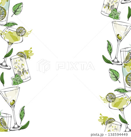 Seamless ink cocktail edges, Martini glass, Mojito, lime Daiquiri or Margarita in green clear tones, flat fills. Hand drawn banner for travel menus, event graphics, blog sections, decorative strips Seamless ink cocktail edges, Martini glass, Mojito, lime Daiquiri or Margarita in green clear tones, flat fills. Hand drawn banner for travel menus, event graphics, blog sections, decorative strips 138594449