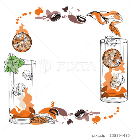 Frame of garnished highball Long Island iced tea, juice cocktails in mixed orange tones. Coffee beans, citrus peel, mint leaves. Hand drawn in ink for lifestyle layouts, bar catalog, recipe borders Frame of garnished highball Long Island iced tea, juice cocktails in mixed orange tones. Coffee beans, citrus peel, mint leaves. Hand drawn in ink for lifestyle layouts, bar catalog, recipe borders 138594450