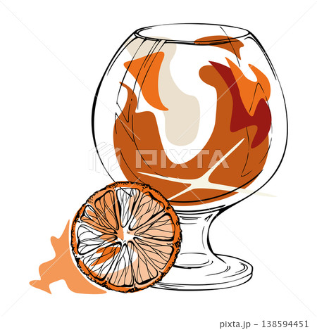 Aperol Spritz, amber spirits like bourbon, whisky or rum in vector balloon glass with orange slice. Hand drawn ink line. Bright gradient hues, crisp outlines for cafe branding, packaging, drink icons. Aperol Spritz, amber spirits like bourbon, whisky or rum in vector balloon glass with orange slice. Hand drawn ink line. Bright gradient hues, crisp outlines for cafe branding, packaging, drink icons. 138594451