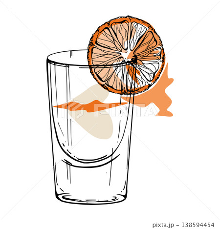 Flatliner cocktail glass in vector glow with warm orange shades, fiery tabasco sauce line, clear spirits like vodka, tequila, gin. Isolated ink artwork hand drawn for modern poster set, recipe design. Flatliner cocktail glass in vector glow with warm orange shades, fiery tabasco sauce line, clear spirits like vodka, tequila, gin. Isolated ink artwork hand drawn for modern poster set, recipe design. 138594454