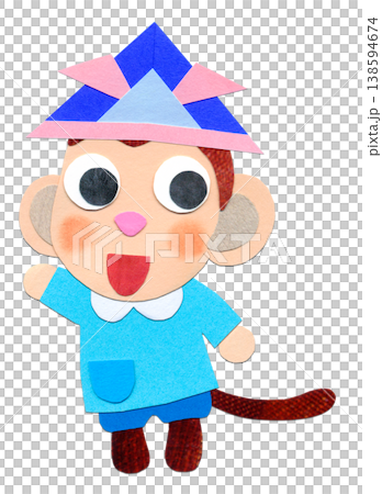 兒童節：一隻穿著罩衫和頭盔的小猴子 - 拼貼人物插畫 B 138594674