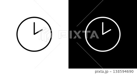 2時を指す丸い掛け時計のラインアイコン。白い線と黒い線のモノクロベクターイラスト 138594690