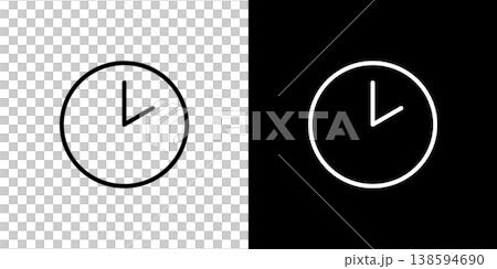 2時を指す丸い掛け時計のラインアイコン。白い線と黒い線のモノクロベクターイラスト 138594690