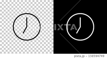 A line icon of a round wall clock pointing to 7 o'clock. A monochrome vector illustration with white and black lines. A line icon of a round wall clock pointing to 7 o'clock. A monochrome vector illustration with white and black lines. 138594749