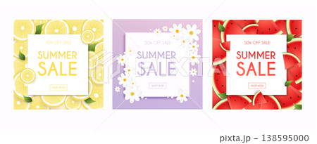Set of Summer Sale Banners. Poster, Flyer, Vector. Lemon slices, flower, slices of watermelon on a background. 138595000