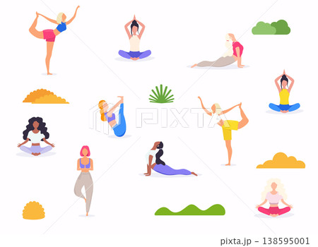 Woman in various poses of yoga. Shapes of woman doing yoga fitness workout. Can be used as a pattern. Set of yoga positions. Woman in various poses of yoga. Shapes of woman doing yoga fitness workout. Can be used as a pattern. Set of yoga positions. 138595001