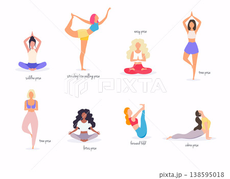 Woman in various poses of yoga. Shapes of woman doing yoga fitness workout. Set of yoga positions. 138595018