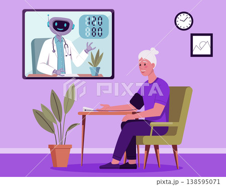 Elder Woman Using Telemedicine with Robot Doctor Online 138595071