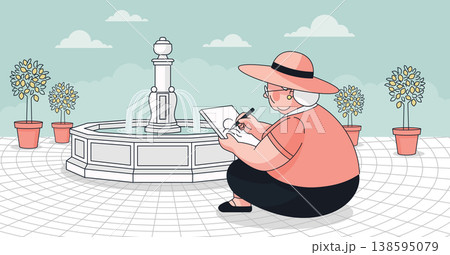 Elderly Woman Sketching Near Fountain in Park Elderly Woman Sketching Near Fountain in Park 138595079