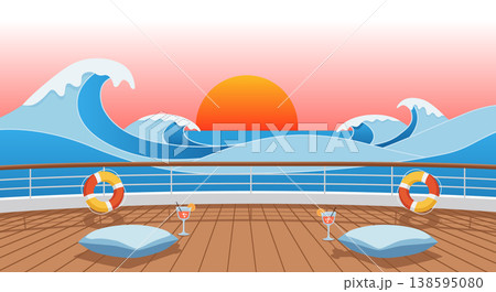 Empty Cruise Ship Deck with Sunset and Lifebuoys Empty Cruise Ship Deck with Sunset and Lifebuoys 138595080