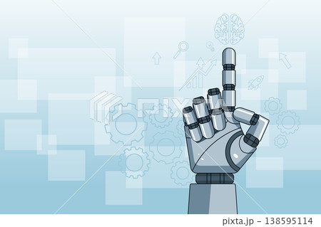 Robotic Hand Pointing with Tech Icons in Background 138595114