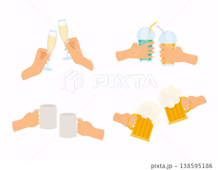 Set of male and female hands holding different types of glasses champagne and other drinks. 138595186