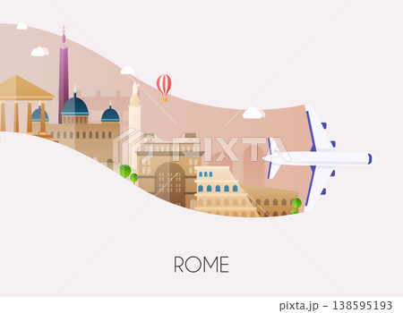 Travel to Rome. Traveling on airplane, planning a summer vacation, tourism and journey objects and passenger luggage. Flat design modern vector illustration concept. 138595193