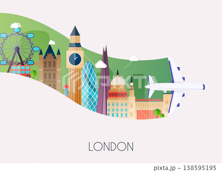 Travel to London. Traveling on airplane, planning a summer vacation, tourism and journey objects and passenger luggage. Flat design modern vector illustration concept. Travel to London. Traveling on airplane, planning a summer vacation, tourism and journey objects and passenger luggage. Flat design modern vector illustration concept. 138595195