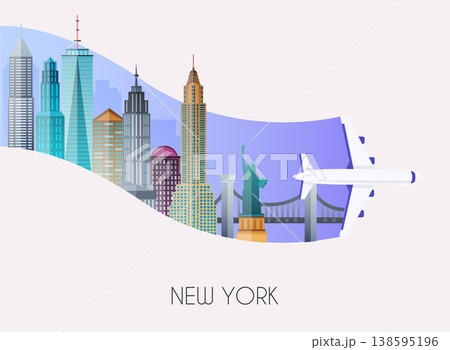 Travel to New York. Traveling on airplane, planning a summer vacation, tourism and journey objects and passenger luggage. Flat design modern vector illustration concept. Travel to New York. Traveling on airplane, planning a summer vacation, tourism and journey objects and passenger luggage. Flat design modern vector illustration concept. 138595196