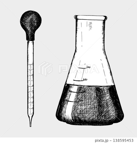 A laboratory pipette and flask in an engraved style. Vector illustration for medical, microbiological, and scientific design. 138595453