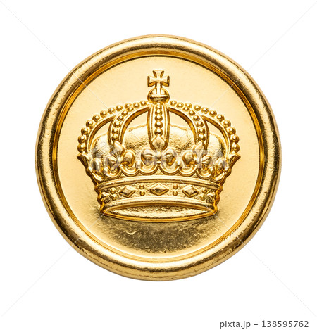 Shiny golden crown emblem shaped like a decorative button, isolated on transparent background, representing royalty, prestige, and leadership Shiny golden crown emblem shaped like a decorative button, isolated on transparent background, representing royalty, prestige, and leadership 138595762