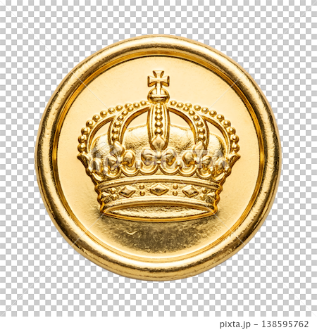 Shiny golden crown emblem shaped like a decorative button, isolated on transparent background, representing royalty, prestige, and leadership Shiny golden crown emblem shaped like a decorative button, isolated on transparent background, representing royalty, prestige, and leadership 138595762