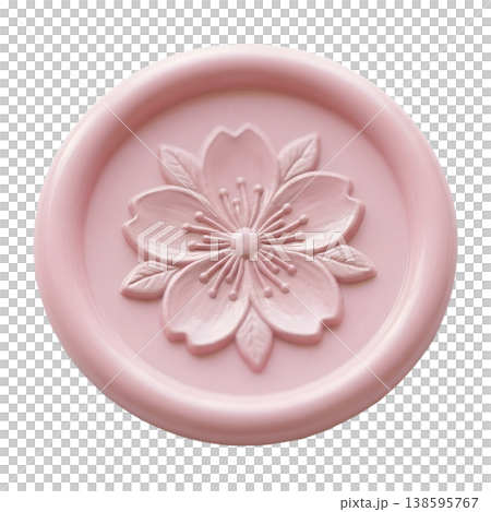 Delicate pink wax seal featuring a cherry blossom design, isolated on white background, representing beauty, spring, and elegant correspondence 138595767