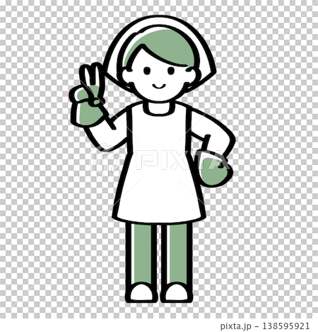 A hand-drawn illustration of a person wearing gloves and making a peace sign. 138595921