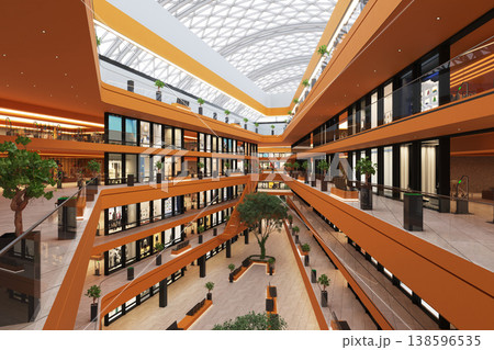 Modern multi-level shopping mall interior. 3D render of empty retail center with orange balconies Modern multi-level shopping mall interior. 3D render of empty retail center with orange balconies 138596535