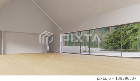 Empty modern interior with large windows facing a pine forest. 3D render of minimalist room 138596537